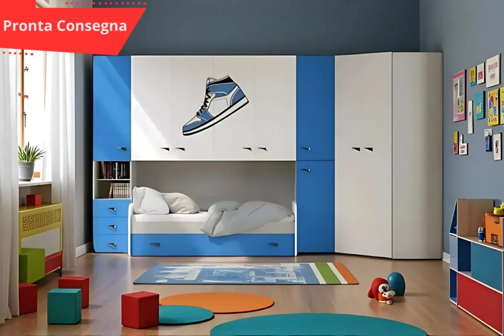 Cameretta a ponte con cabina armadio Nike Azzurro pronta consegna
