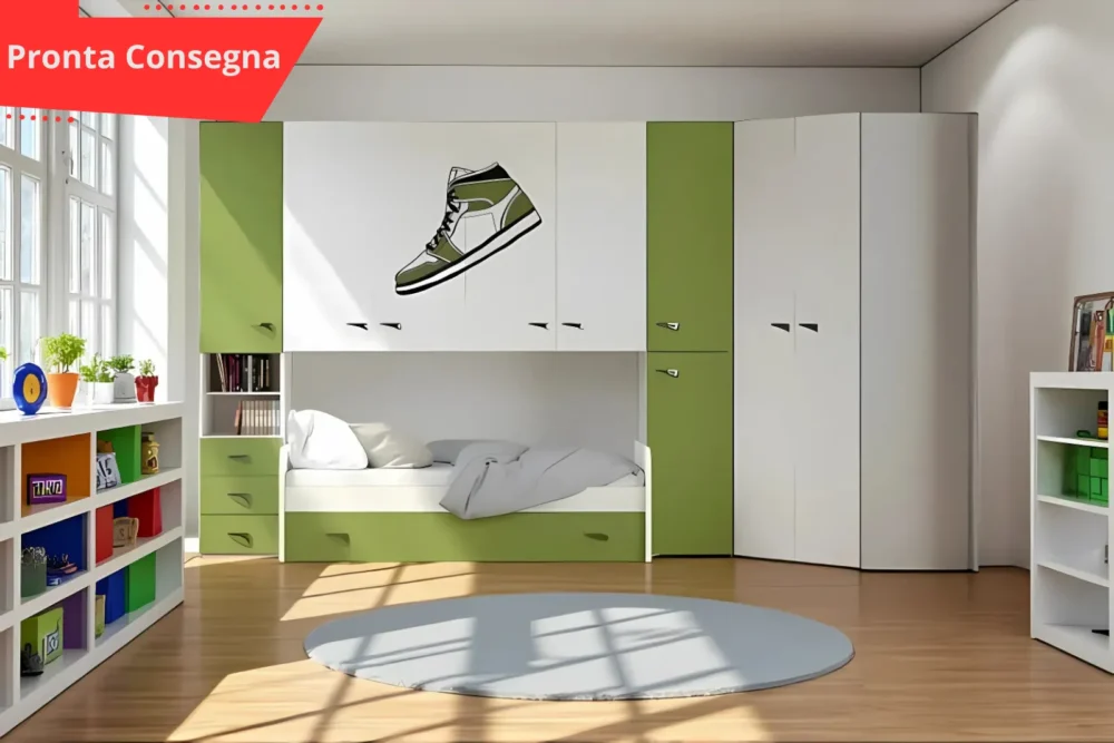 Cameretta a ponte con cabina armadio Nike Verde pronta consegna