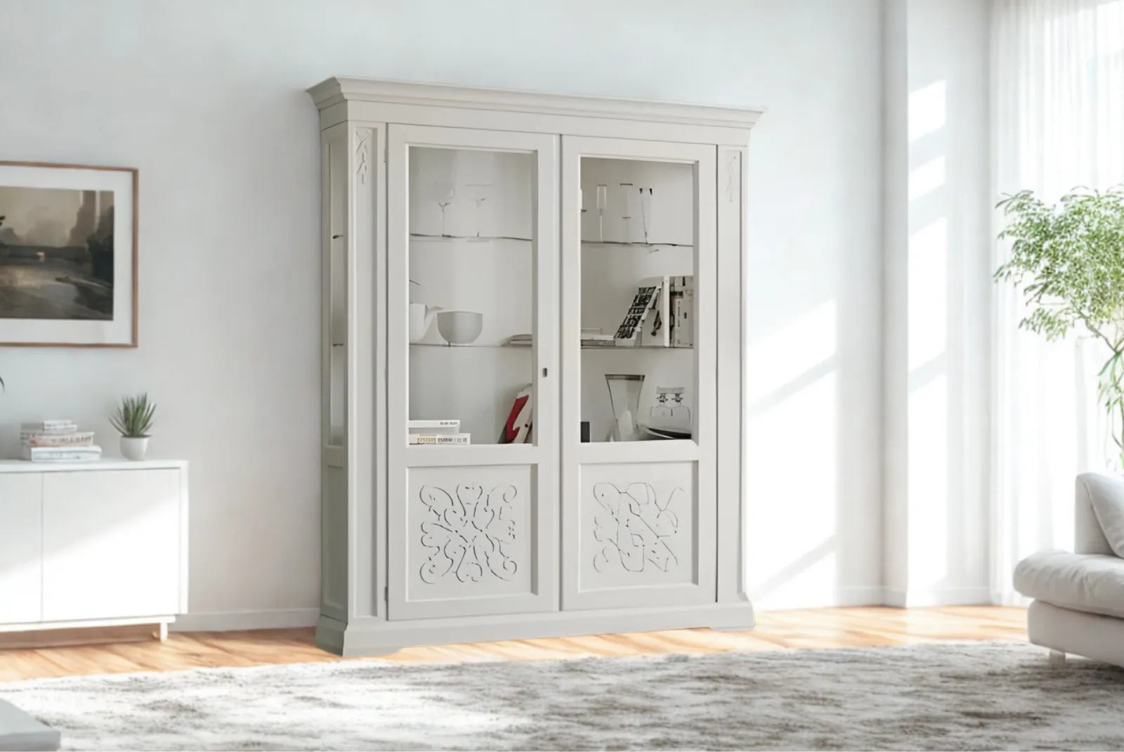 Art. 5017 Vetrina 2 porte con decoro in rilievo bianco (smontabile)