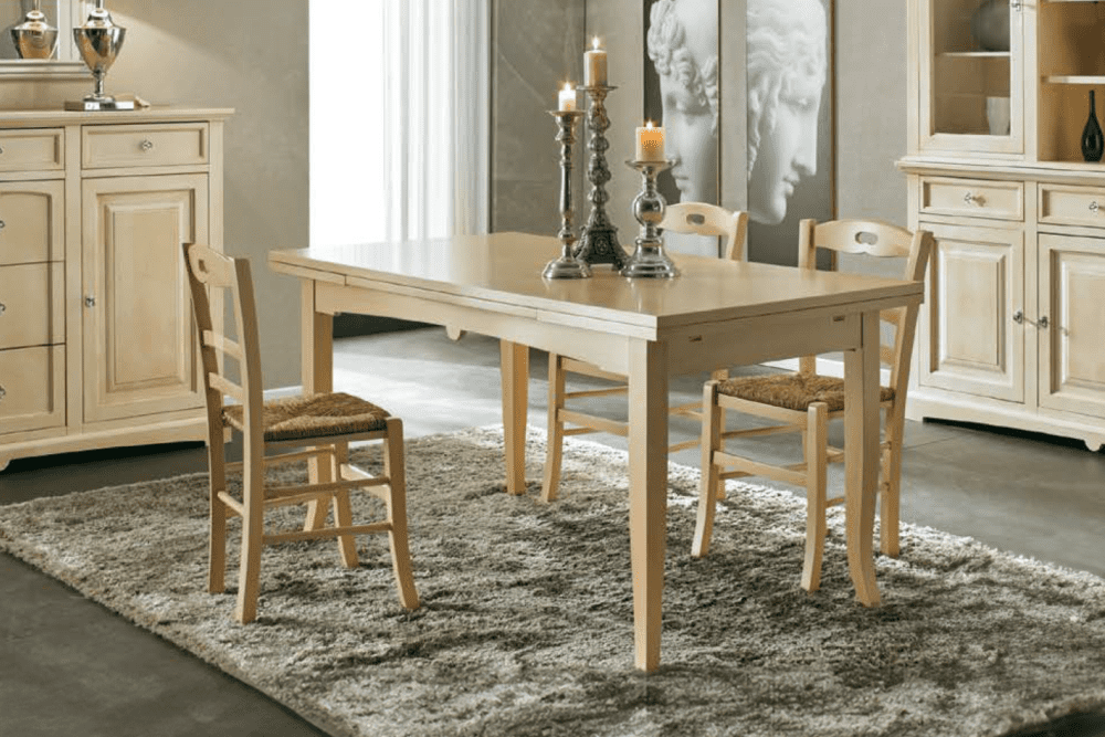 Art. 5019A Tavolo rettangolare cm 160 x 80 con 2 all. cm 40 avorio patinato