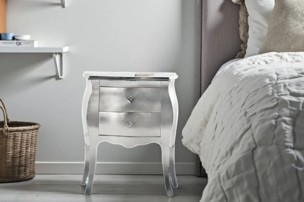 Comodino bombato 2 cassetti foglia argento art402M