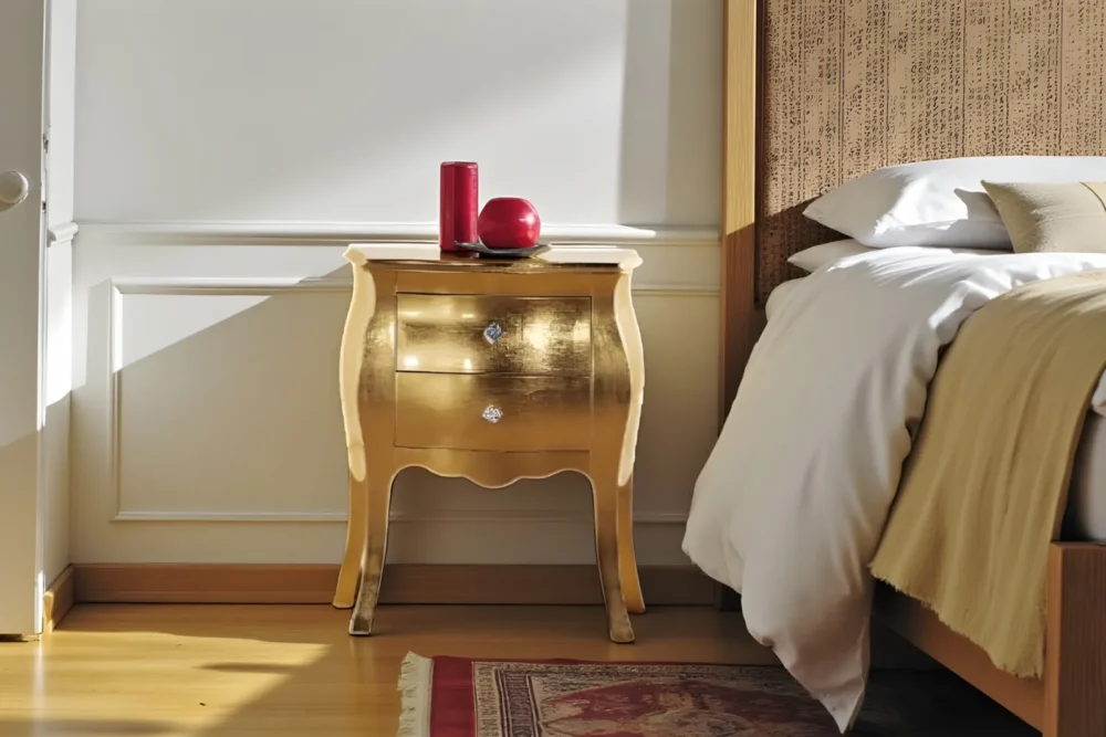 Comodino bombato 2 cassetti foglia oro ART400M