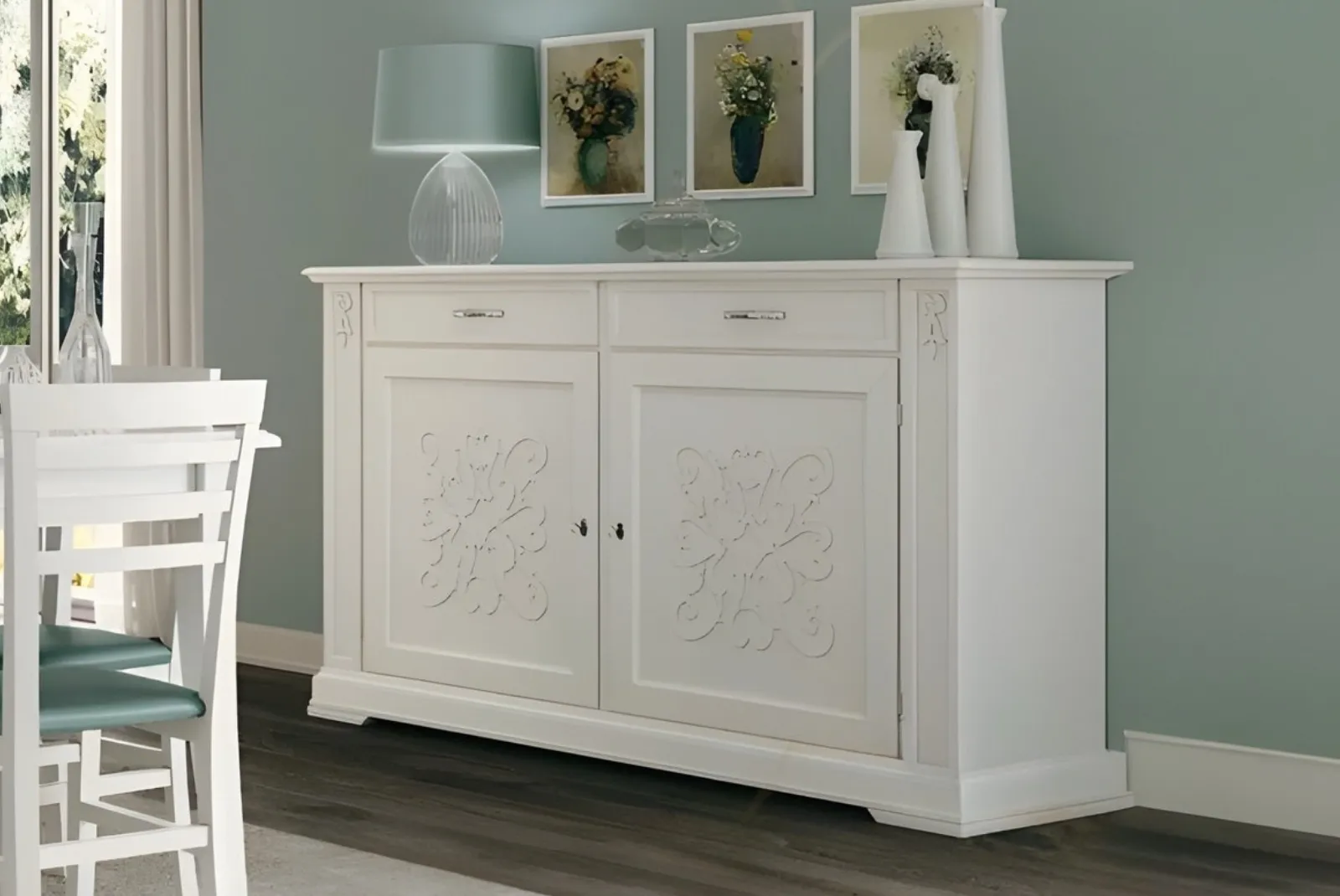 Credenza 2porte con decoro in rilievo laccato bianco