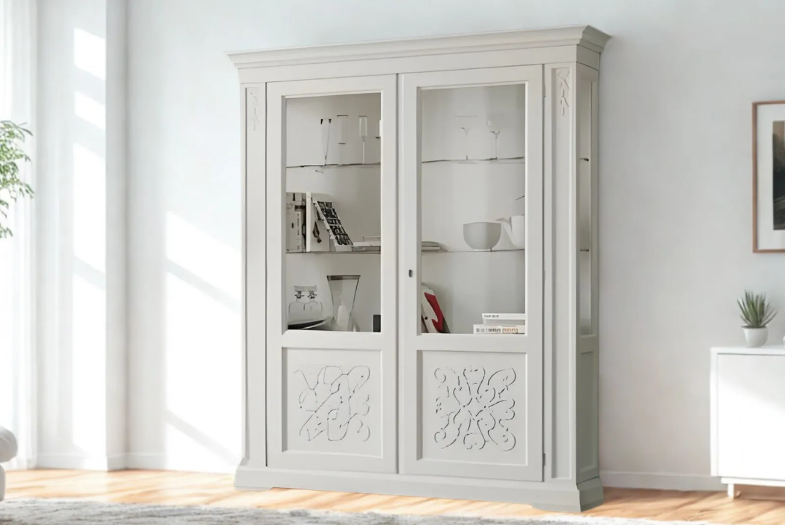 Vetrina 2porte con decoro in rilievo bianco (smontabile)