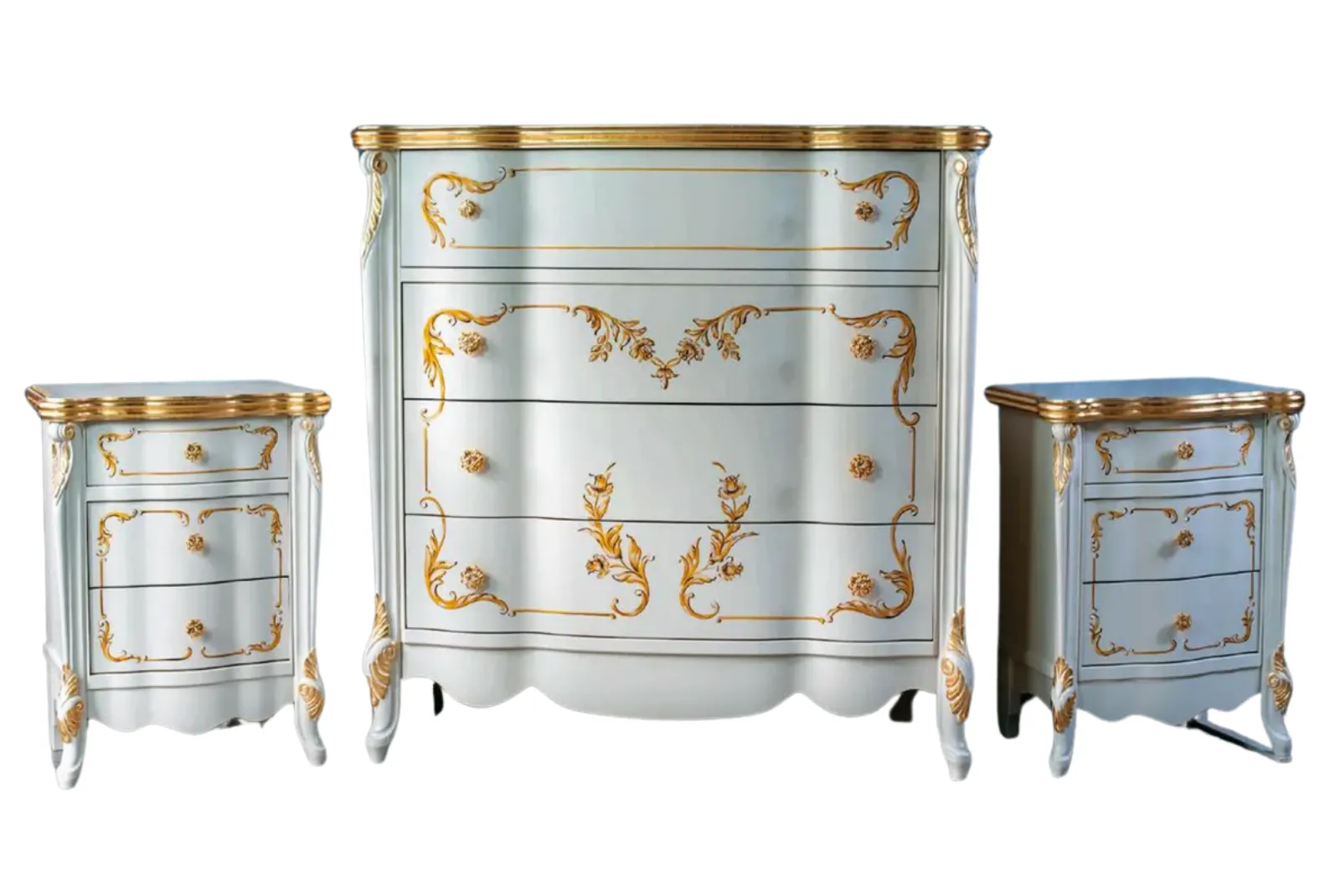 neutro Gruppo comò +2 comodini laccato bianco decori oro