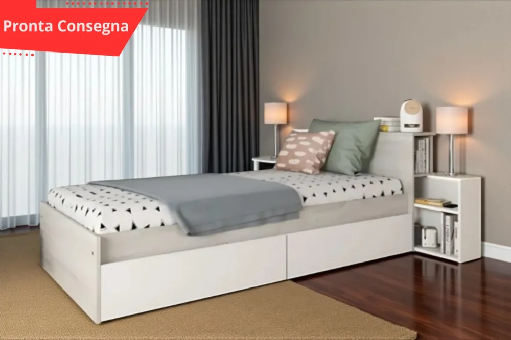 Letto Singolo - Comodino Estraibile Bianco