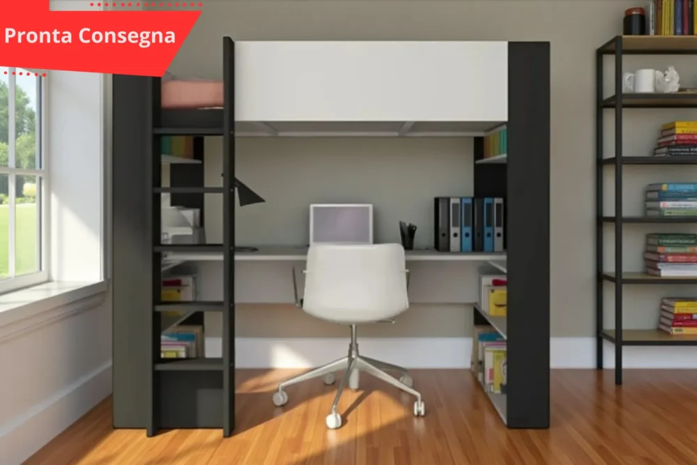 Cameretta con letto a soppalco e scrivania antracite